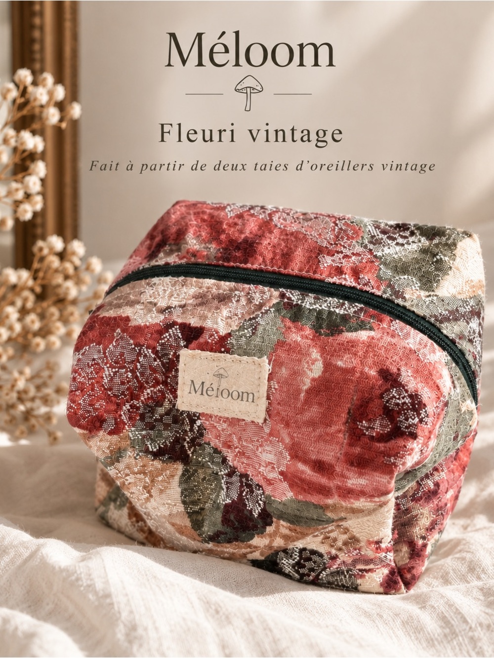 Vintage Floral Quilted Cosmetic Bag - Red Rose
